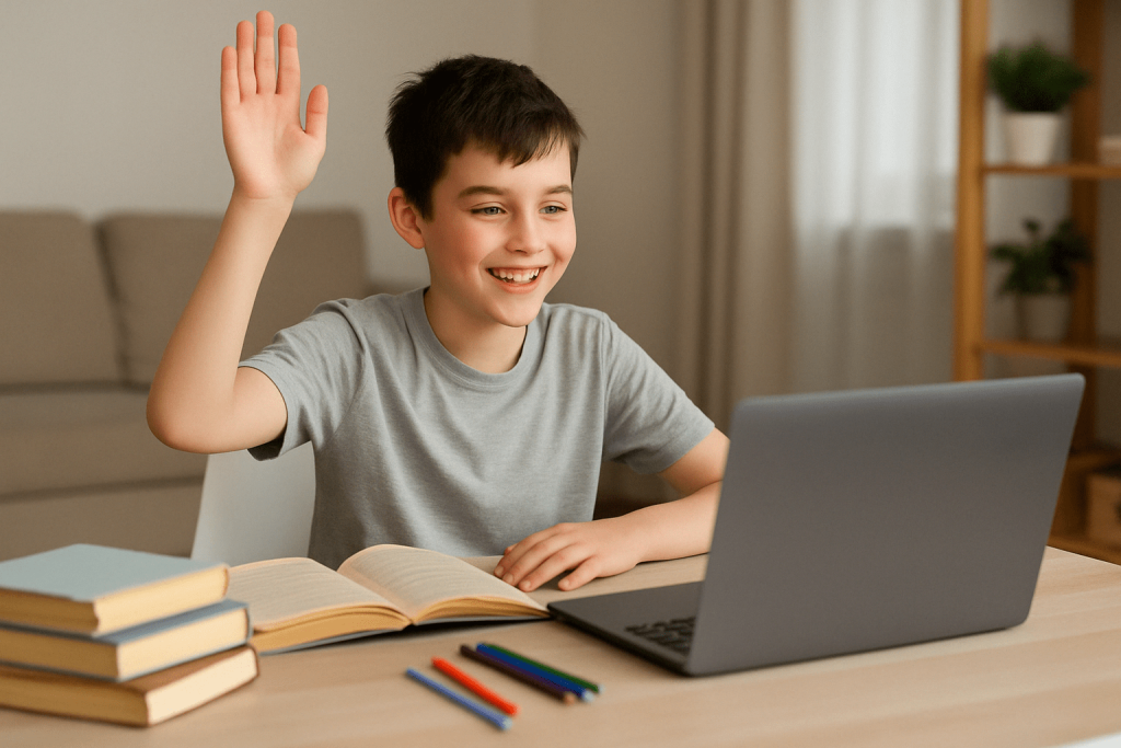 افزایش تعامل دانشآموز در کلاس مجازی – دانشآموز پسر در خانه در حال مشارکت فعال در کلاس آنلاین